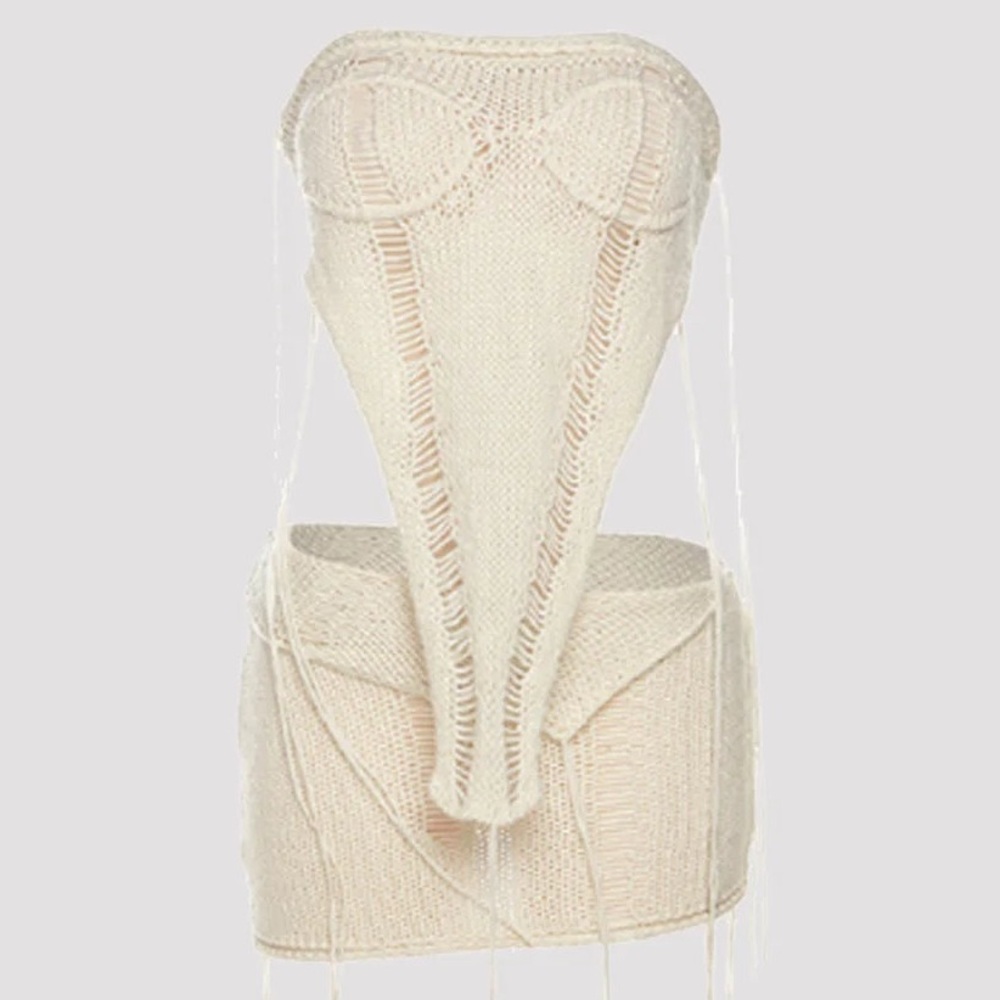 NWOT XXS Kollyy 2 piece sweater skirt set halter top XS s-line low Cream Womens